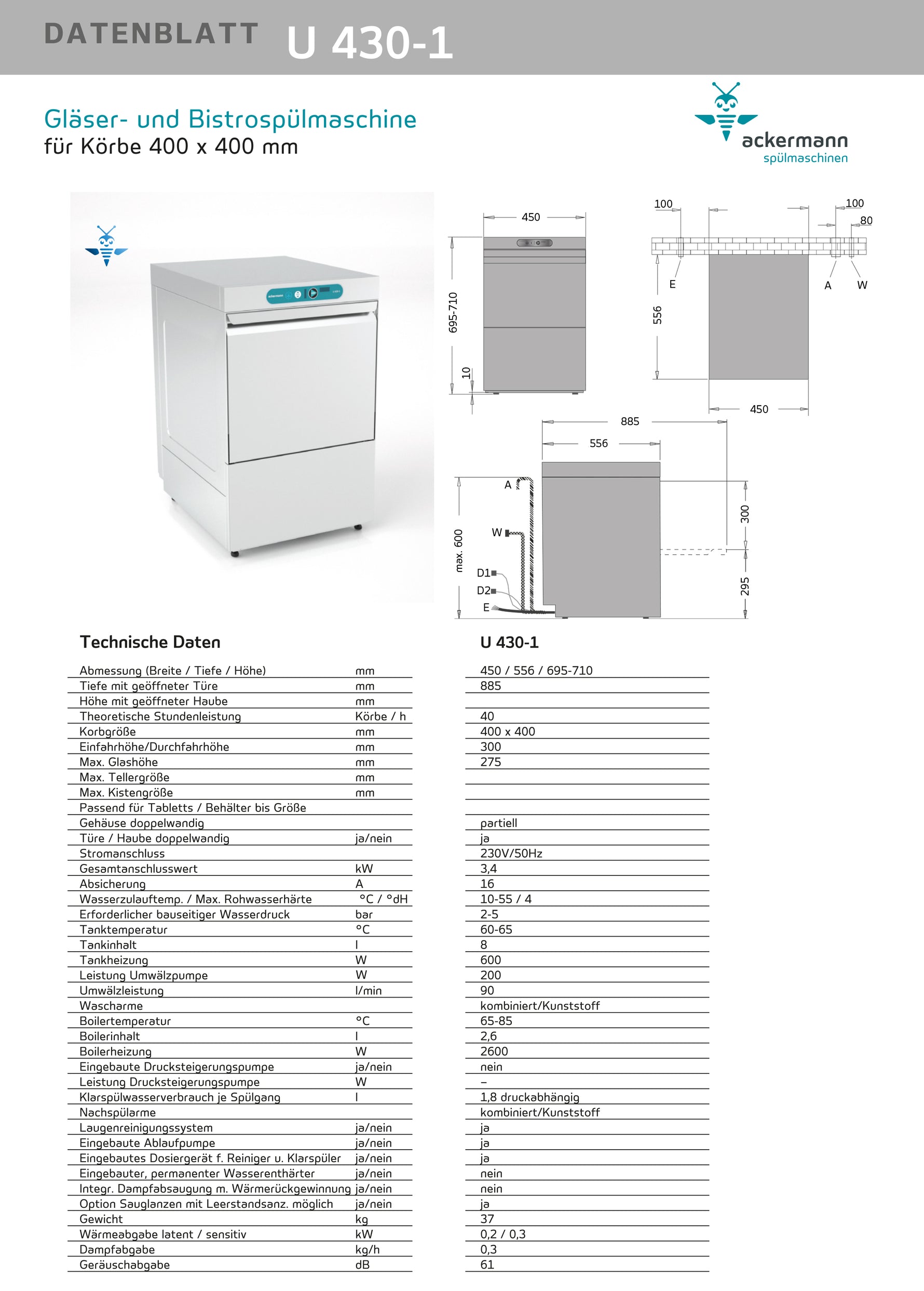 Ackermann Untertisch-Gläser- und Bistrospülmaschinen U 430-1 für Körbe 400x400mm 230 V