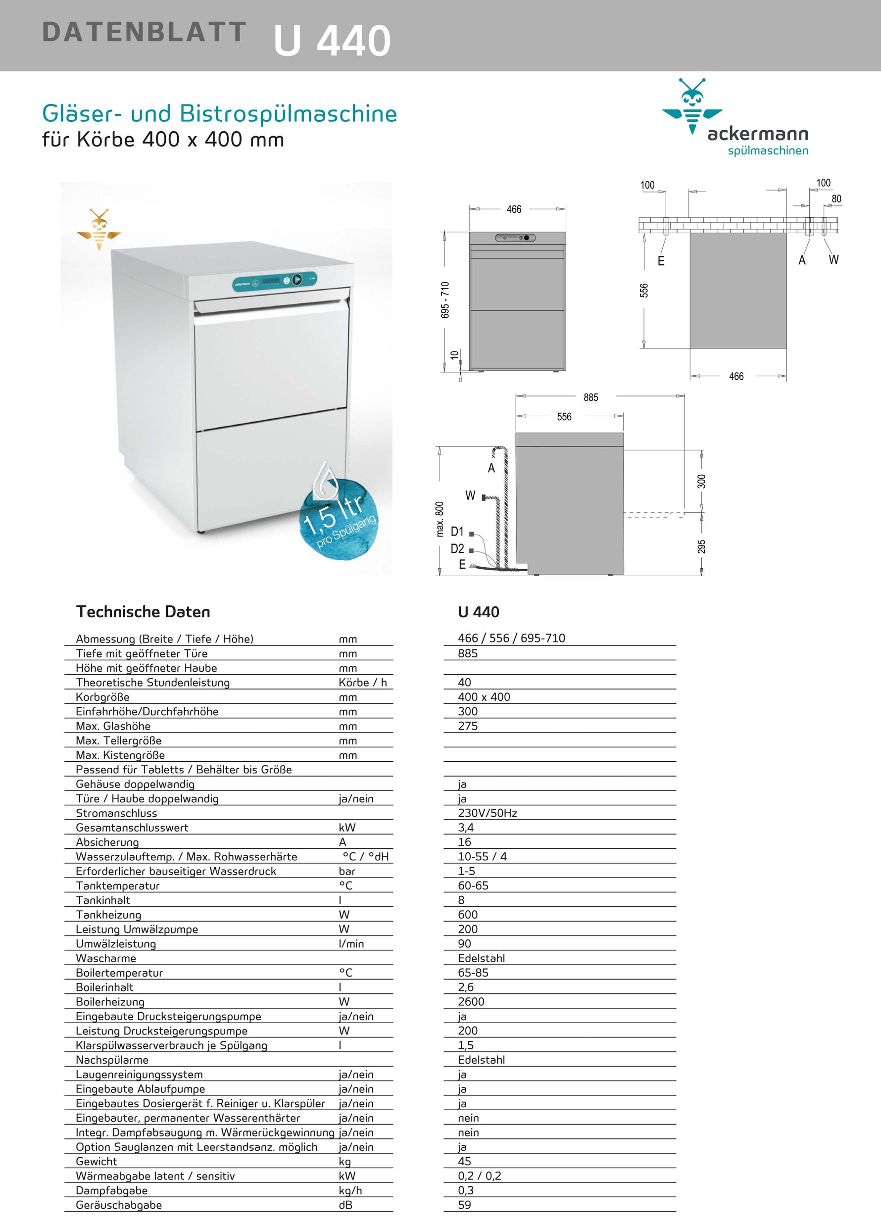 Ackermann Untertisch-Gläser- und Bistrospülmaschinen U 440 für Körbe 400x400mm 230V