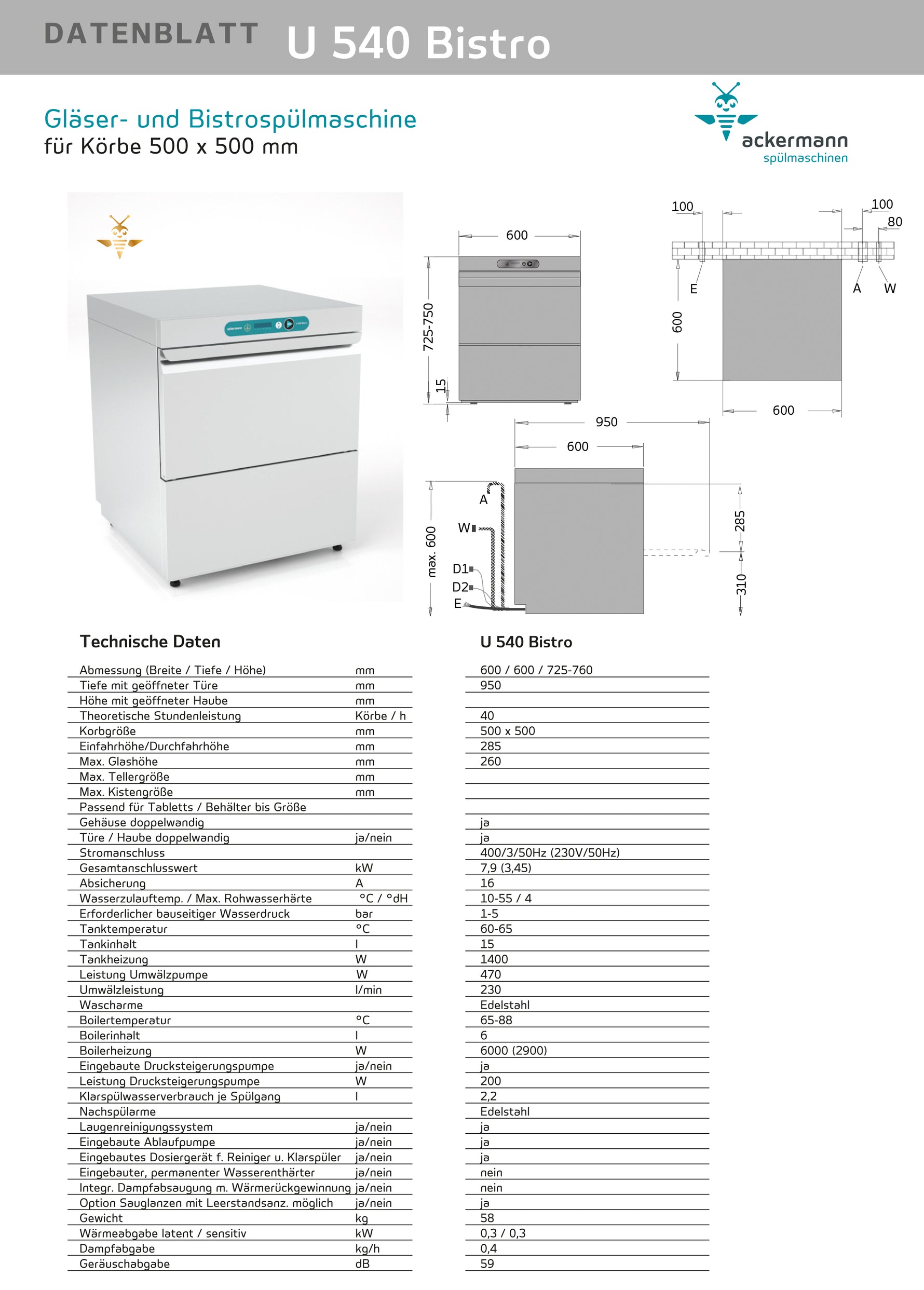 Ackermann Untertisch-Gläser- und Bistrospülmaschinen U 540 Bistro für Körbe 500x500mm 400V