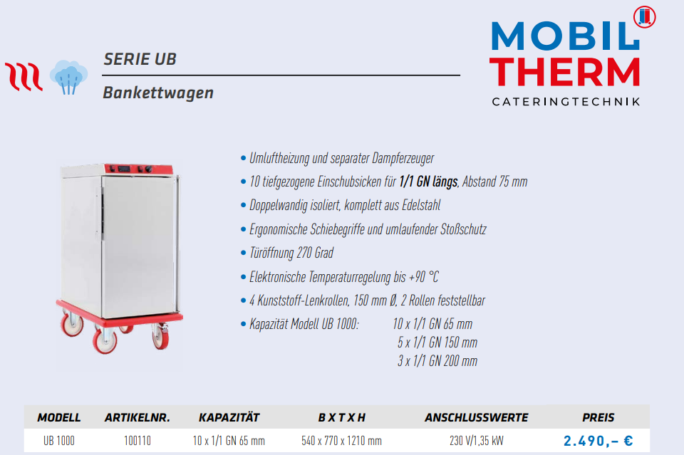 Mobiltherm Bankettwagen UB 1000 Wärmewagen mit separater Dampferzeuger 10 x 1/1 GN